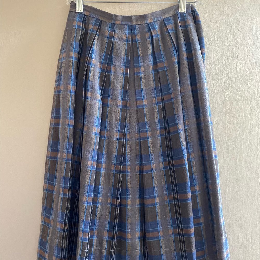 1950s style Blue Plaid Pleated Mid-Length Skirt